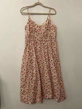 Old Navy Cream Midi Sundress with Red Floral Print Spaghetti Strap size Large